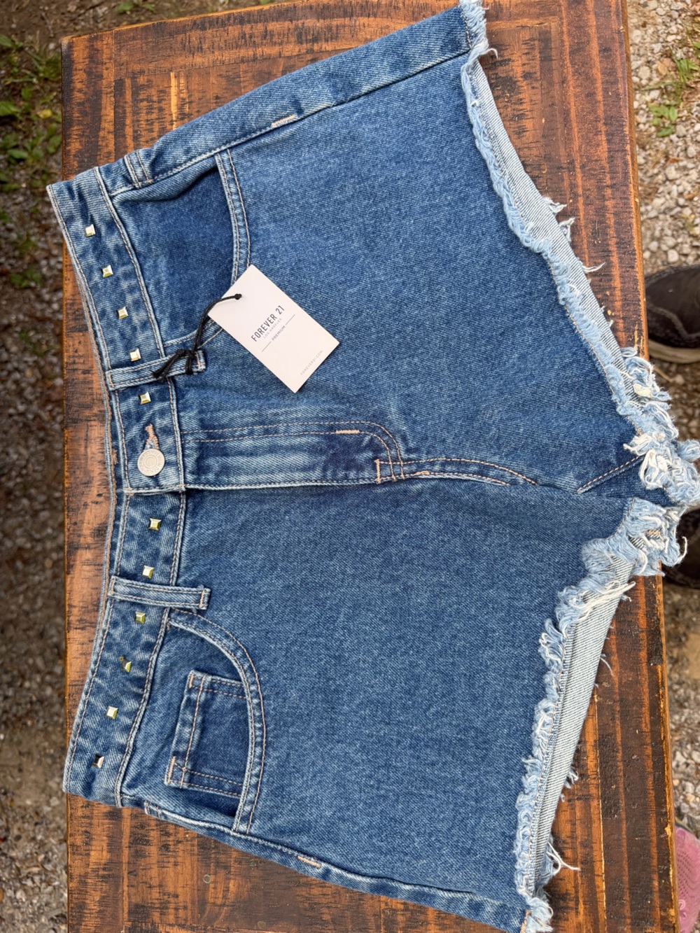 Forever 21 Distressed Blue Denim Overalls with Studded Waistband